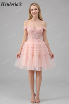 HEULORIA Blush A Line Off The Shoulder Corset Short Tulle Homecoming Dress ED-326