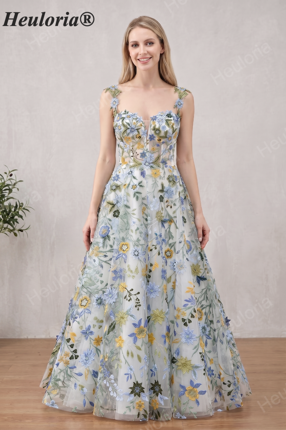 HEULORIA Enchanting Multicolored Floral Embroidered Tulle A-Line Gown with Corset Back ED-669 floor Image principale du produit