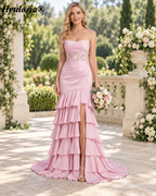 Blush Pink Strapless Lace Corset Tiered Mermaid Prom Dress with Slit ED-251