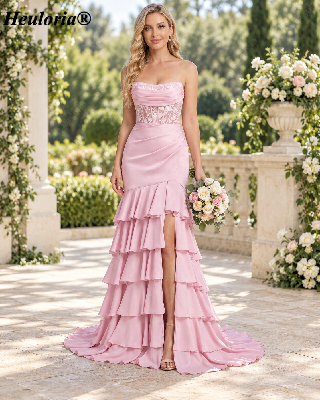 Blush Pink Strapless Lace Corset Tiered Mermaid Prom Dress with Slit ED-251