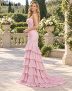 Blush Pink Strapless Lace Corset Tiered Mermaid Prom Dress with Slit ED-251