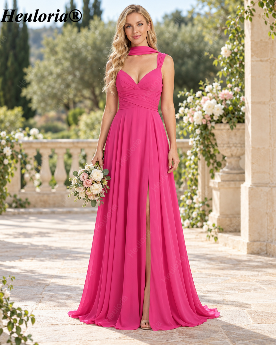 HEULORIA Fuchsia V-Neck Ruched Chiffon A-Line Bridesmaid Dress with Open Back – ED-257