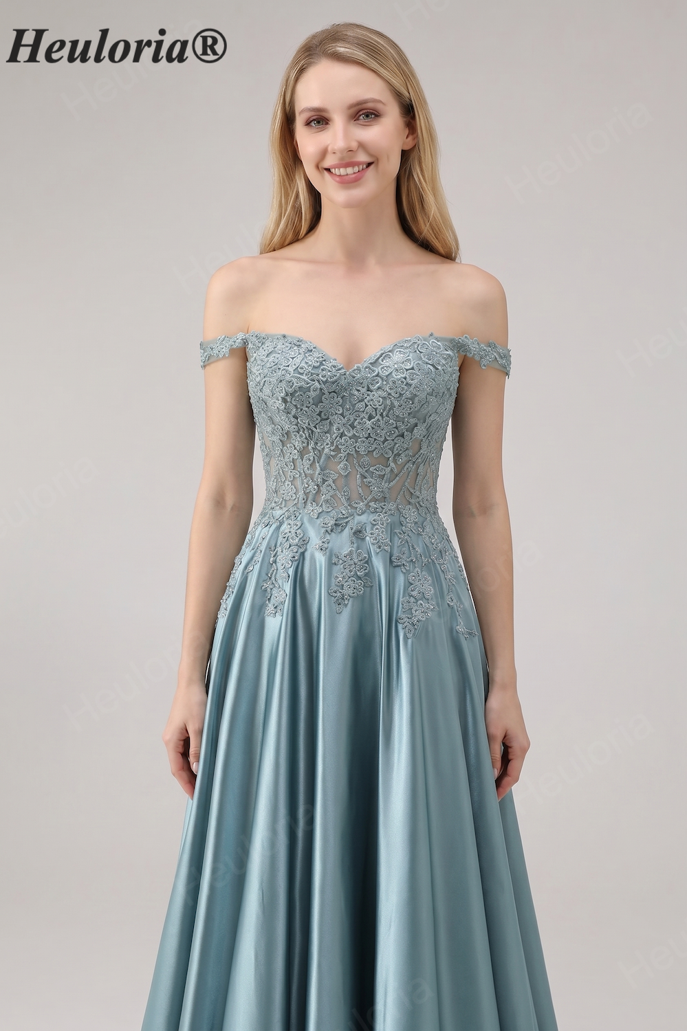 Heuloria Off-the-Shoulder Illusion Lace Bodice Satin A-Line Evening Gown ED-501 Imagen secundaria del producto