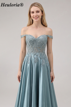 Heuloria Off-the-Shoulder Illusion Lace Bodice Satin A-Line Evening Gown ED-501