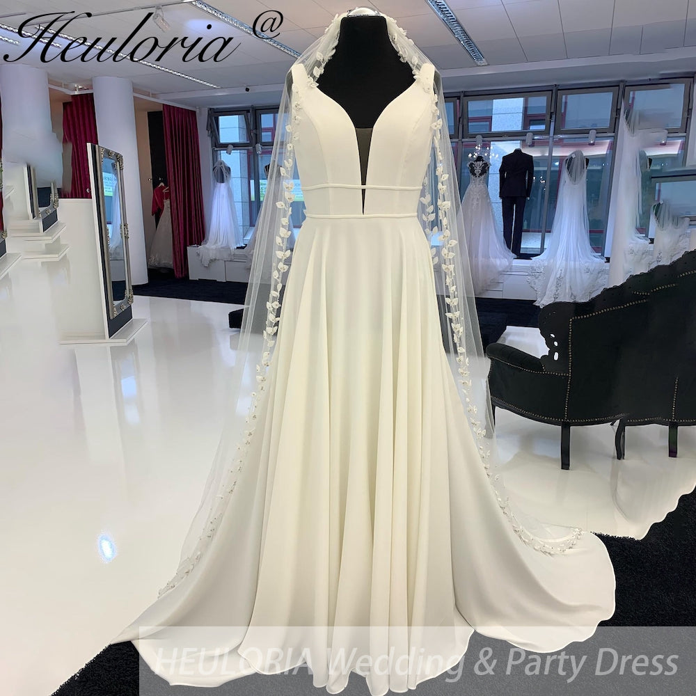 HEULORIA Crepe Satin A-Line Bridal dress Floor Length v neck Wedding Dress Vestidos Customized AL-918