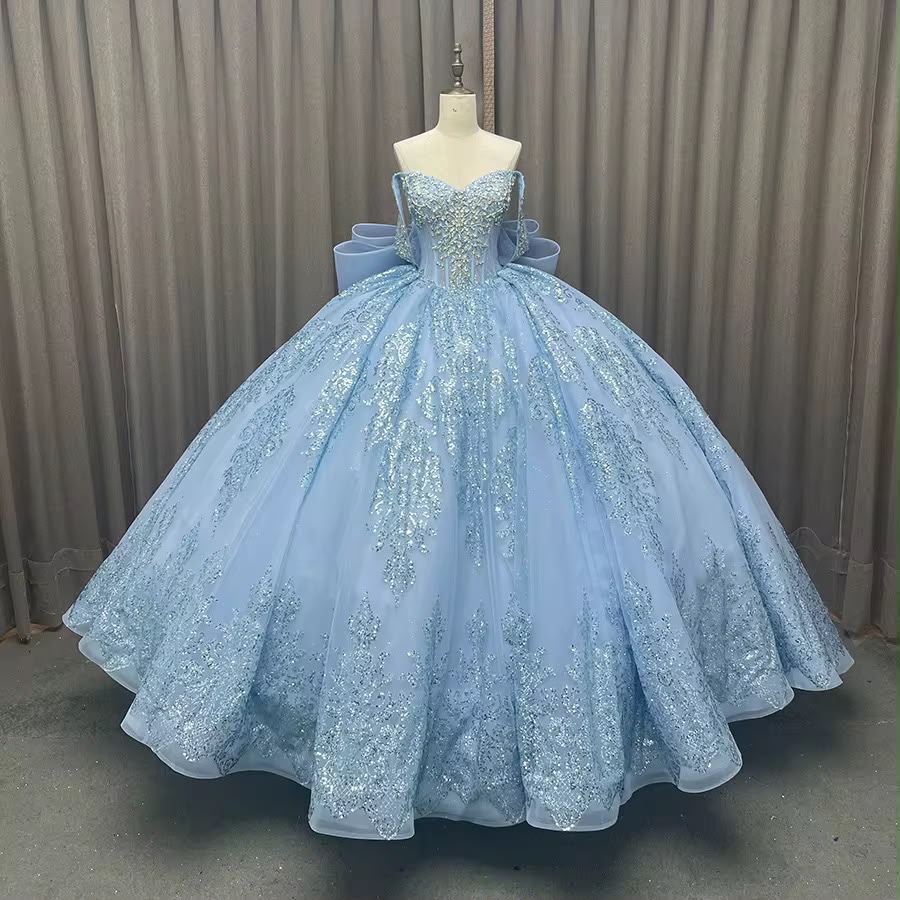 Light Blue Sparkly Ball Gown with Sweetheart Corset Bodice and Statement Bow