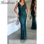sparky sequin mermaid evening dresses V neck bead tassel formal prom dress