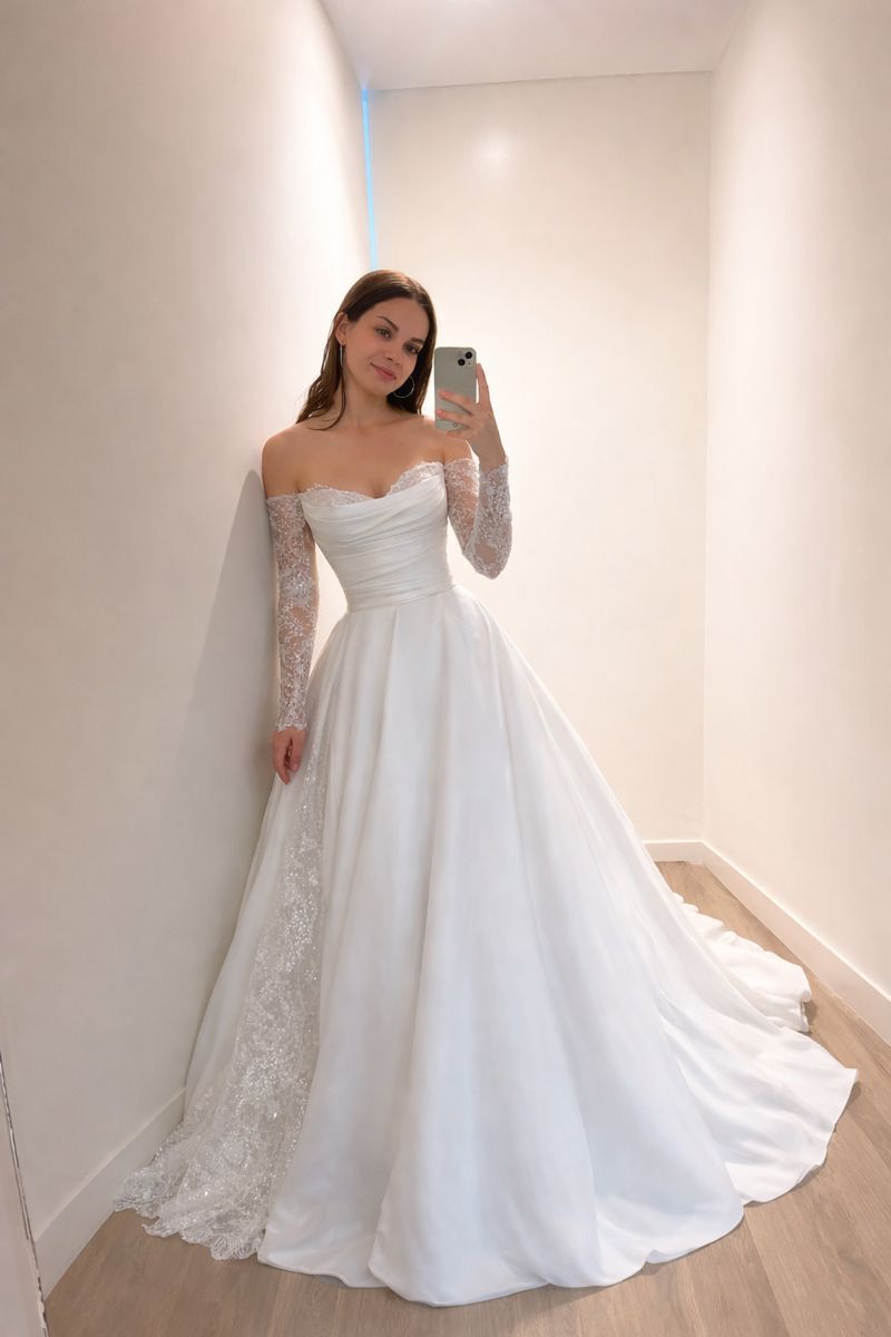 Off-the-Shoulder Lace Long Sleeve Satin Ball Gown Wedding Dress