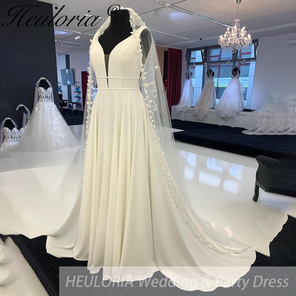 HEULORIA Crepe Satin A-Line Bridal dress Floor Length v neck Wedding Dress Vestidos Customized AL-918