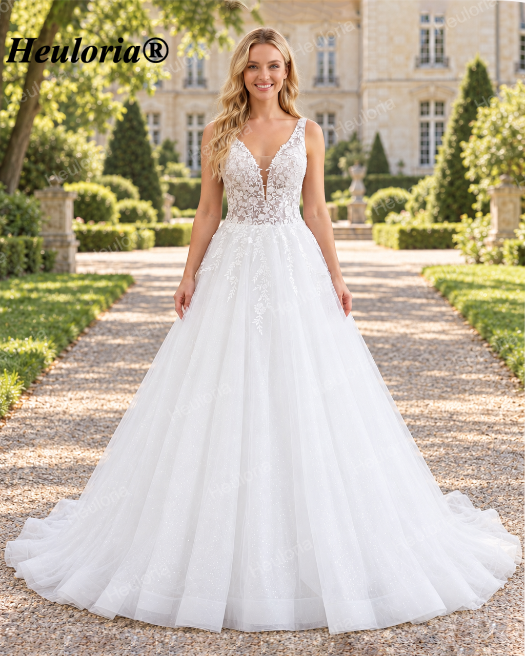Illusion Deep V Floral Lace Ball Gown Wedding Dress with Corset Back AL-1023 Imagen principal del producto
