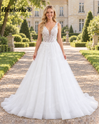 Illusion Deep V Floral Lace Ball Gown Wedding Dress with Corset Back AL-1023
