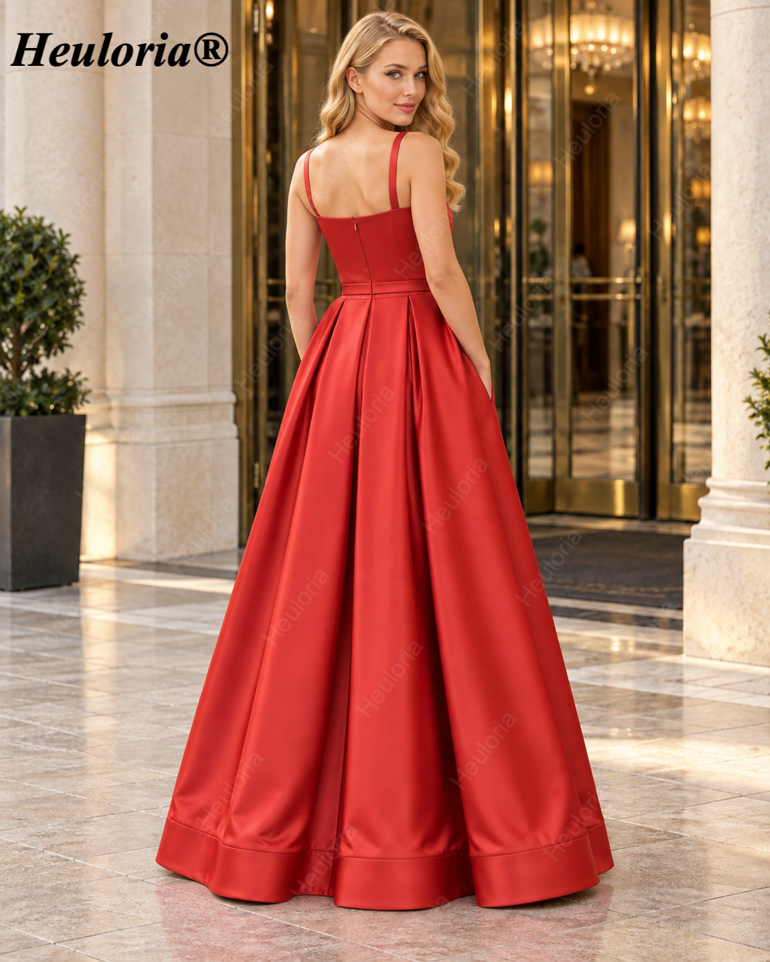 HEULORIA Rust Red Square-Neck Satin A-Line Prom Dress with High Slit and Pockets – ED-35