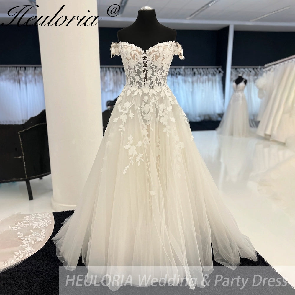 HEULORIA Sparkly Glitter A line Wedding Gowns Off Shoulder lace Bride Dresses Customized AL-923 Main image