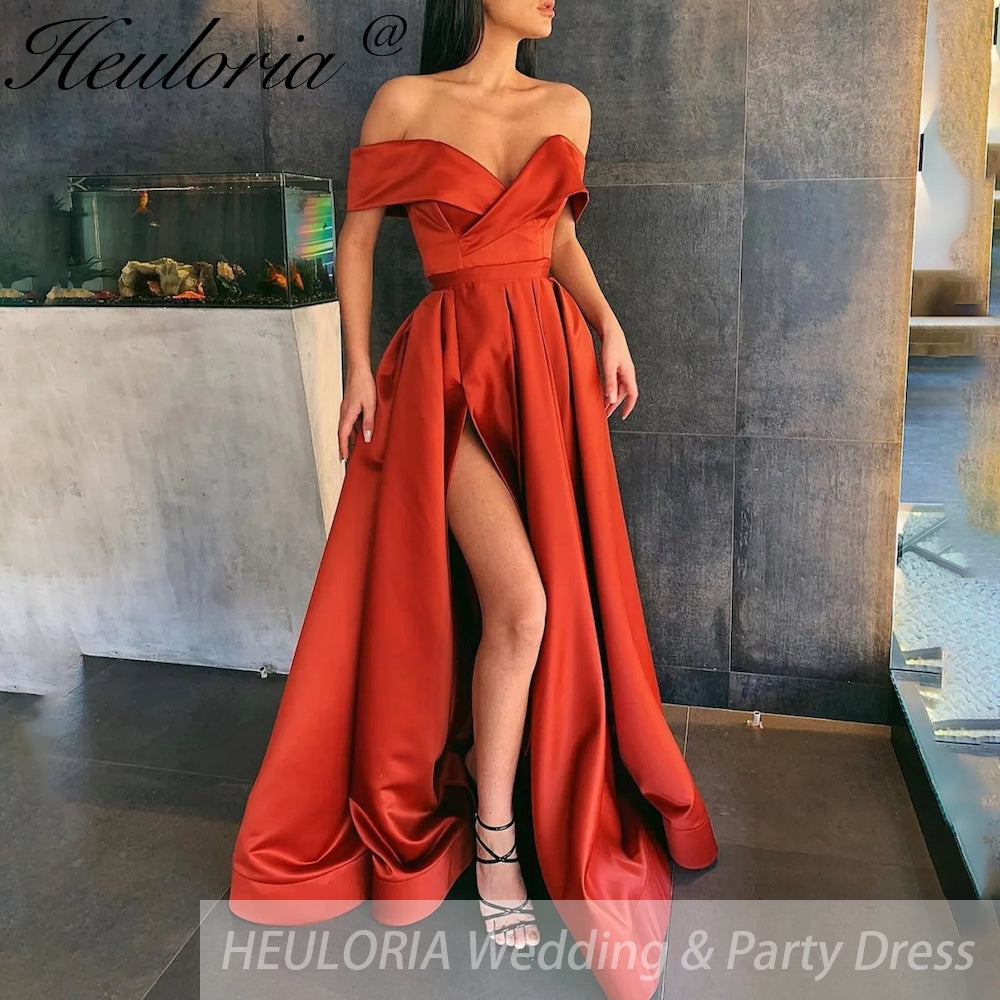 Off The Shoulder Satin Evening Dresses High Split Sexy With Pockets Lace Up Back Vintage Long Prom Dresses Wedding Party Gowns