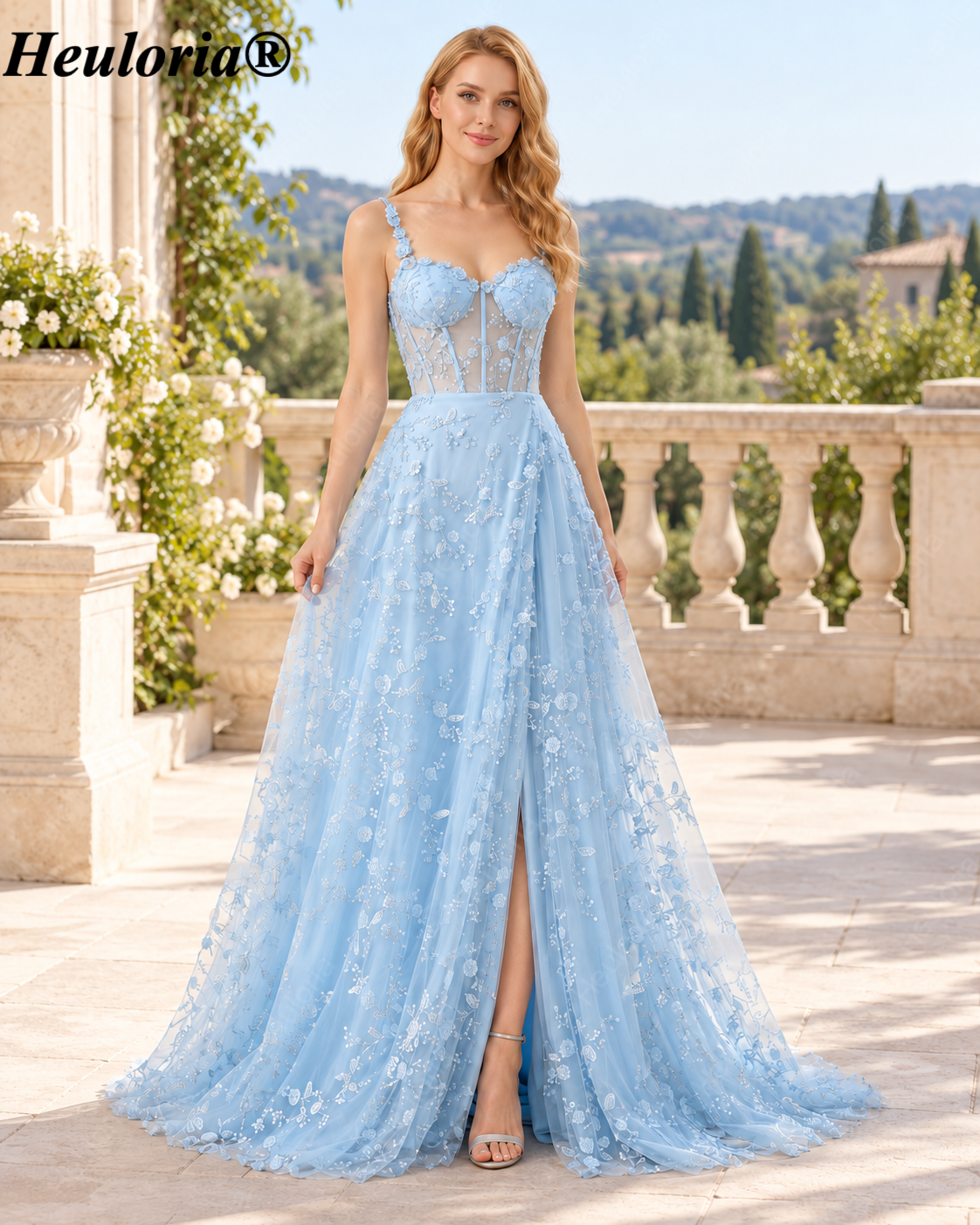 HEULORIA Floral Sequin Tulle A-Line Prom Dress with Sheer Corset Bodice ED-363