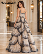 Champagne Black & Silver Sequin Square Neck Tiered Evening Dress ED-589