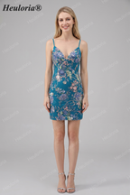 HEULORIA Floral Embroidered Sequin Bodycon Mini Dress with Sheer Mesh Cut-outs and Lace-Up Back ED-597