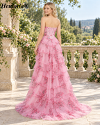 HEULORIA Blue and White Floral Strapless Tiered Organza Ball Gown Prom Dress – ED-233