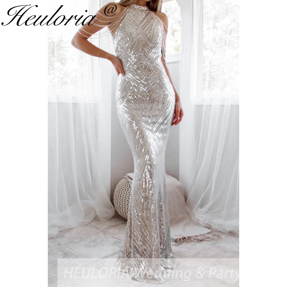 sparky sequin mermaid evening dress halter with beading tassel formal prom dress