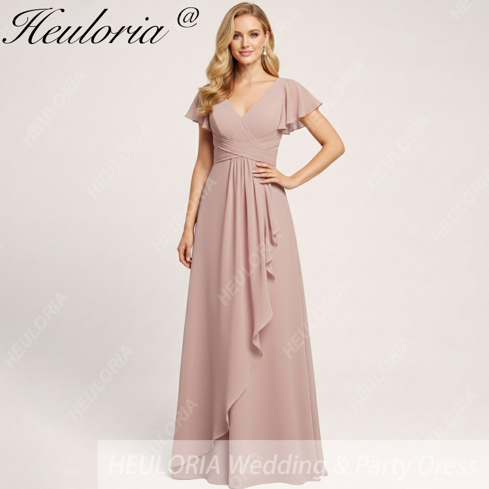 HEULORIA Long Bridemaid dress short sleeve V neck chiffon party dress formal dress ED-135