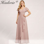 HEULORIA Long Bridemaid dress short sleeve V neck chiffon party dress formal dress ED-135