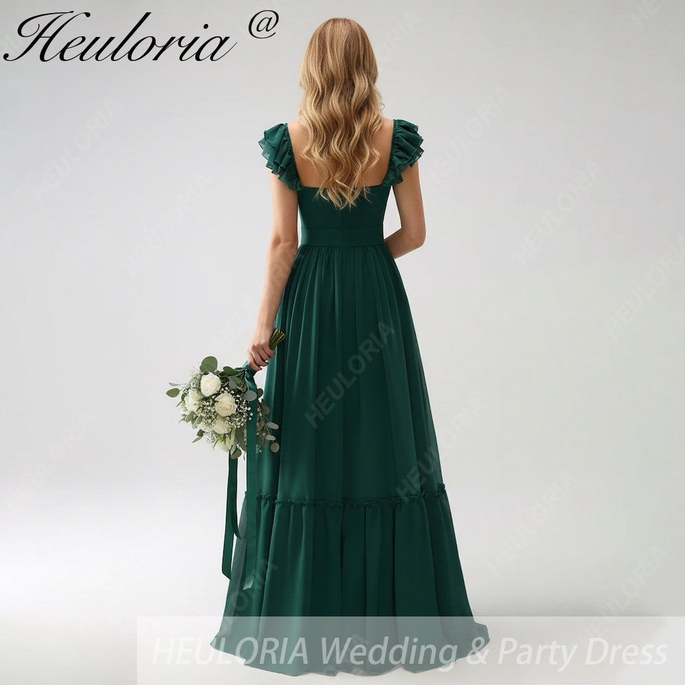 HEULORIA Dark Green A Line Off The Shoulder Chiffon Ruched Long Bridesmaid Dress ED-245