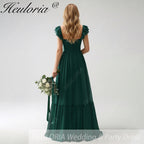 HEULORIA Dark Green A Line Off The Shoulder Chiffon Ruched Long Bridesmaid Dress ED-245