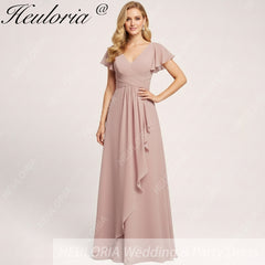 HEULORIA Long Bridemaid dress short sleeve V neck chiffon party dress formal dress ED-135