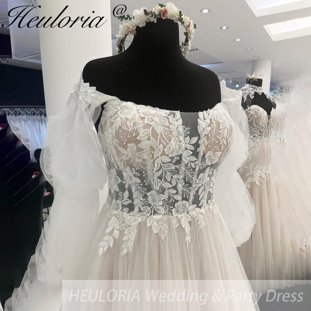 HEULORIA Off the Shoulder Lace Boho A Line Wedding Dress Long Puff Sleeve Appliques Beach 2023 Robe Vestido Civil AL-949