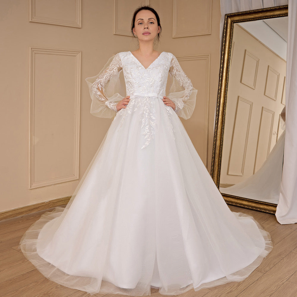 HEULORIA elegant A line long sleeve Court Train Tulle Lace Wedding Dress With Sequins AL-694