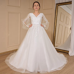 HEULORIA elegant A line long sleeve Court Train Tulle Lace Wedding Dress With Sequins AL-694