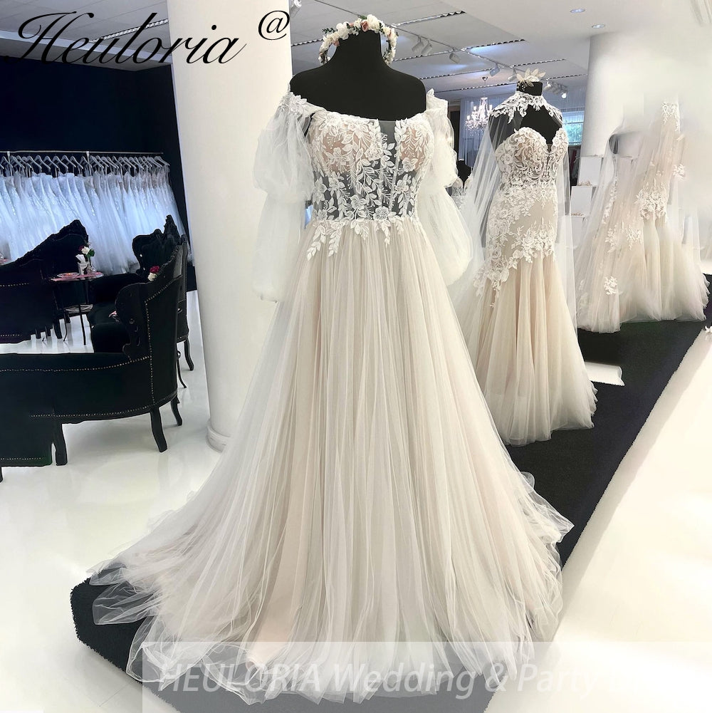 HEULORIA Off the Shoulder Lace Boho A Line Wedding Dress Long Puff Sleeve Appliques Beach 2023 Robe Vestido Civil AL-949