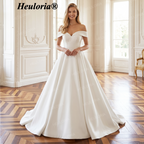 HEULORIA Elegant Off-the-Shoulder Satin Ball Gown Wedding Dress with Button Back AL-237