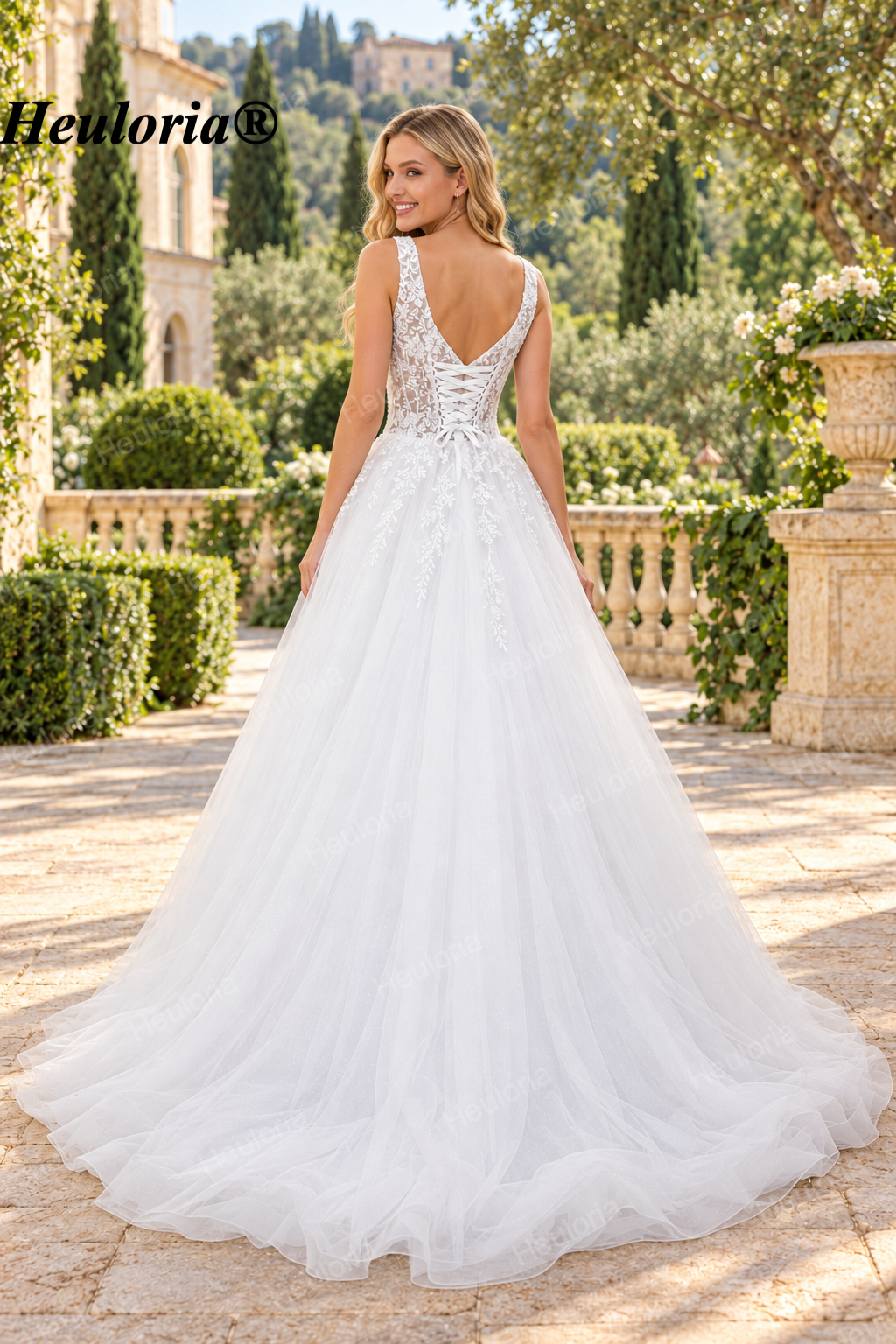 Floral Lace Deep V A-Line Wedding Dress with Corset Back AL-1037