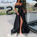 Off The Shoulder Satin Evening Dresses High Split Sexy With Pockets Lace Up Back Vintage Long Prom Dresses Wedding Party Gowns