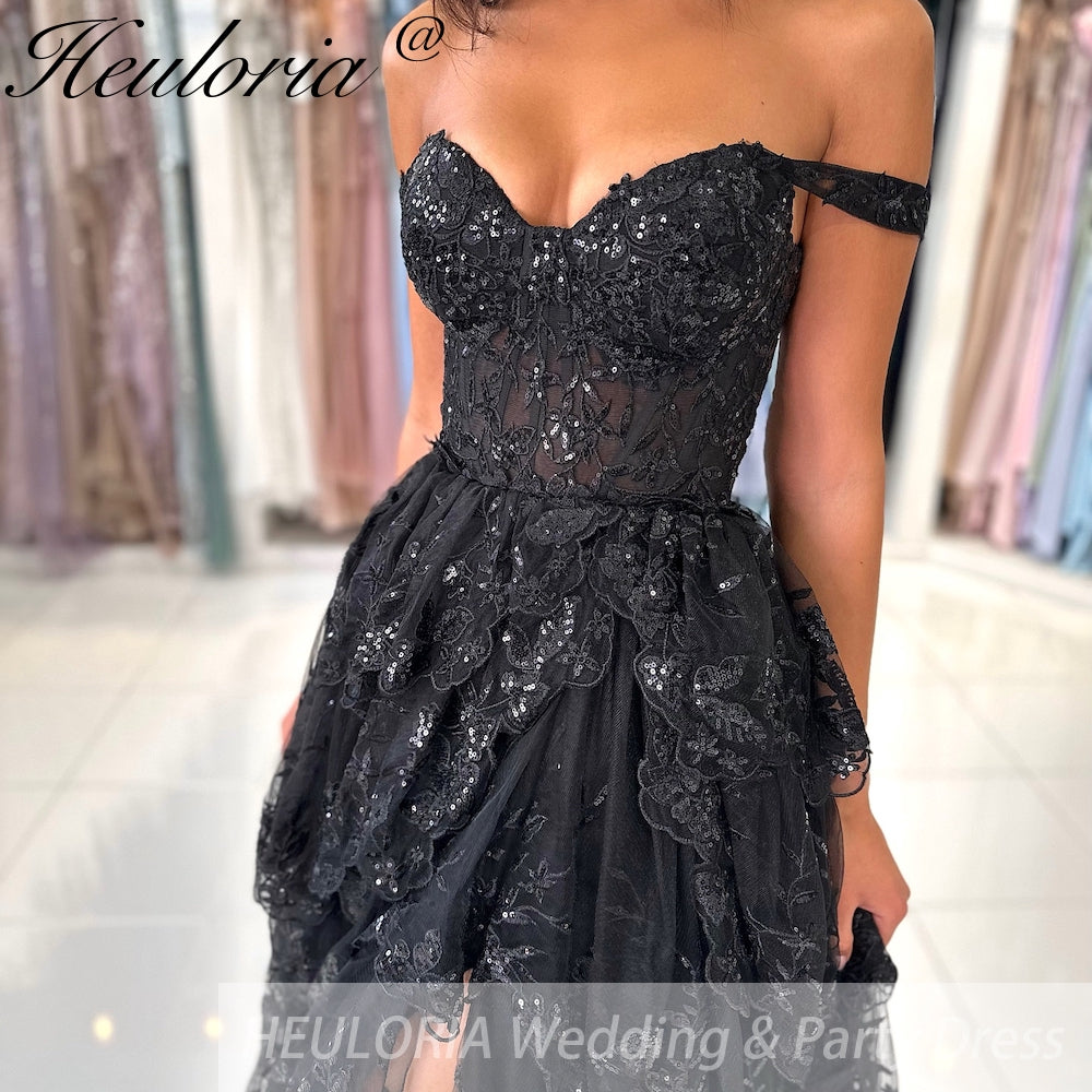 Sparkly A line Prom Formal Dresses Sequins Appliques Ruffle Black Off the shoulder Ruffles High split Prom Dresses Customsized