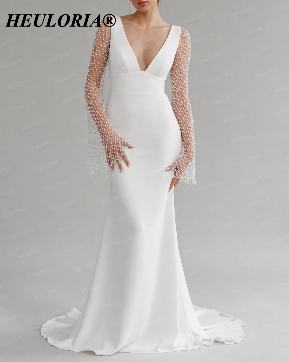 HEULORIA Minimalist Deep V-Neck Mermaid Wedding Dress with Detachable Pearl Sleeves ME-151 Main image