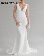 HEULORIA Minimalist Deep V-Neck Mermaid Wedding Dress with Detachable Pearl Sleeves ME-151