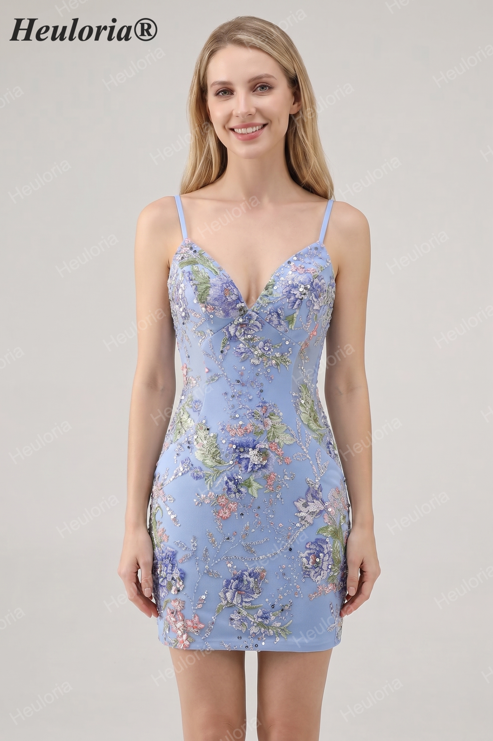 HEULORIA Floral Embroidered Sequin Bodycon Mini Dress with Sheer Mesh Cut-outs and Lace-Up Back ED-597