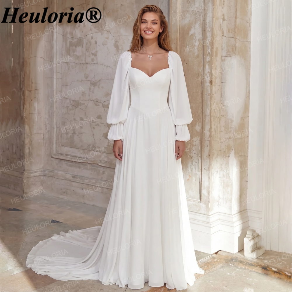HEULORIA Elegant Square Neck Puff Sleeve A-Line Chiffon Wedding Dress with Train - Boho Modern Style AL-QK201