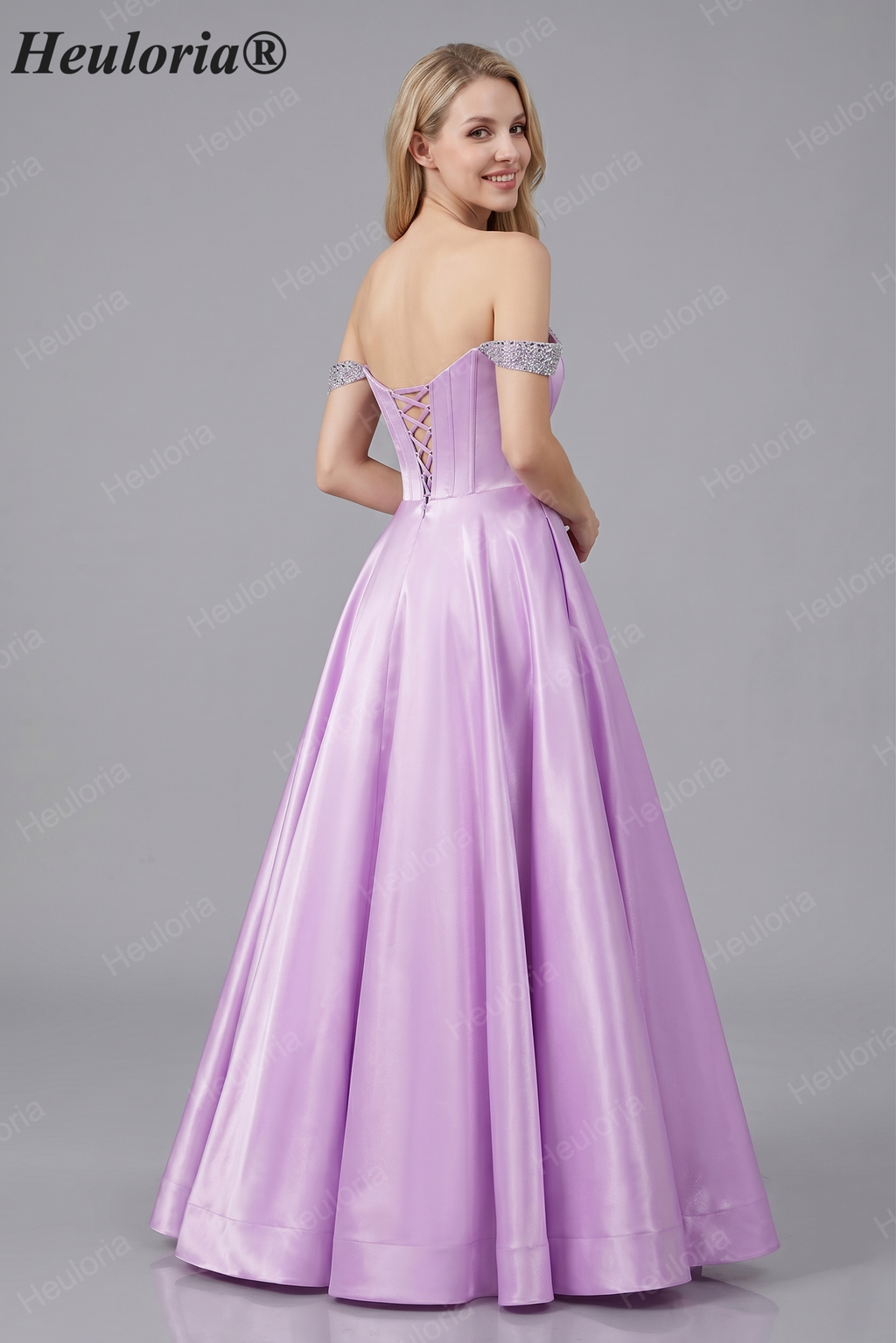HEULORIA Elegant Lavender Off-The-Shoulder Satin Prom Dress with Sequin Trim and Corset Bodice A-Line Evening Gown ED-500