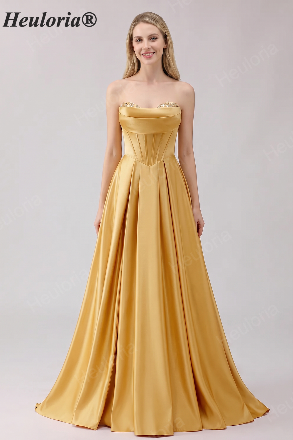 HEULORIA Strapless Golden Satin Ball Gown with Beaded Corset Bodice and Pleated Skirt ED-516 Imagen principal del producto