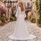 HEULORIA Romantic Boho Lace Long Sleeve V-Neck Chiffon Wedding Dress with High Slit AL-QK207