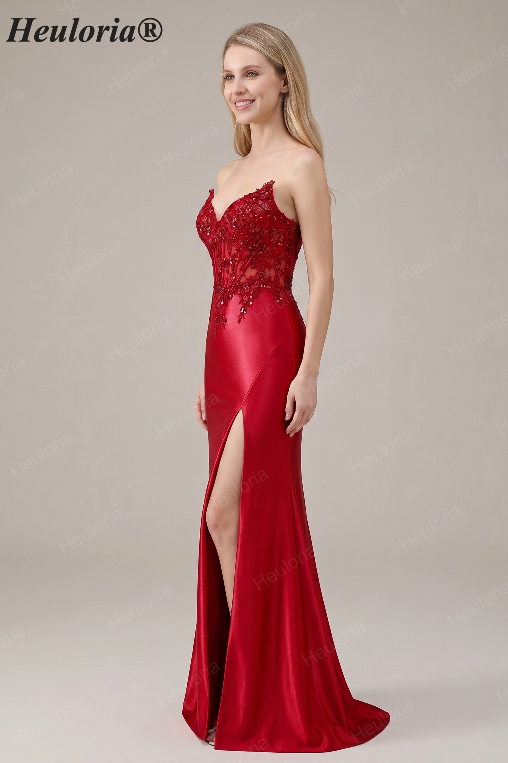 HEULORIA Elegant Red Mermaid Prom Dress with Illusion Lace Corset and High Slit ED-362 Image secondaire du produit