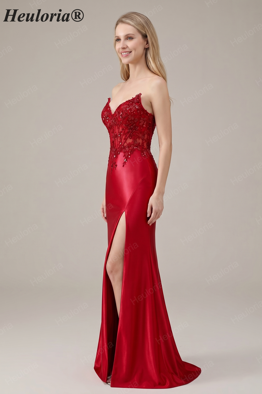 HEULORIA Elegant Red Mermaid Prom Dress with Illusion Lace Corset and High Slit ED-362