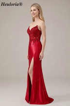 HEULORIA Elegant Red Mermaid Prom Dress with Illusion Lace Corset and High Slit ED-362