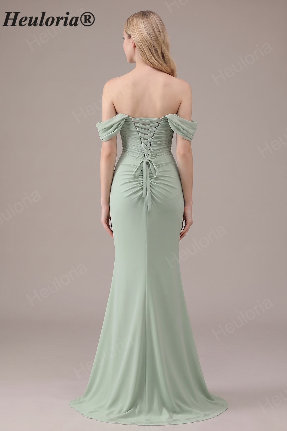 HEULORIA Elegant Off-The-Shoulder Ruched Sage Green Chiffon Mermaid Bridesmaid Dress with Lace-Up Back ED-654 Imagen secundaria del producto