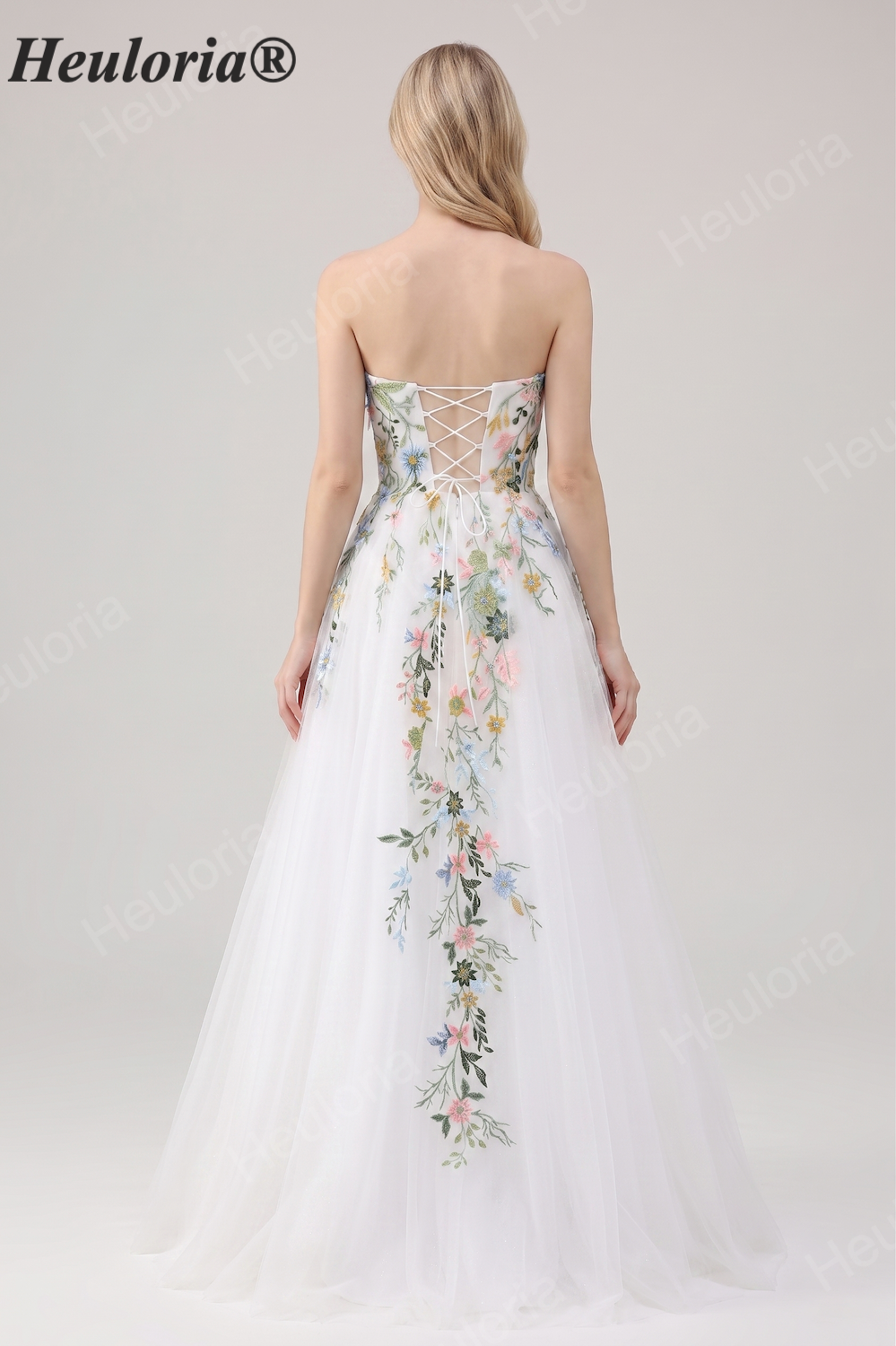 Heuloria Whimsical Colorful Floral Embroidery Strapless Wedding Dress - Romantic Tulle A-Line Bridal Gown with Corset Back ED-650 Imagen secundaria del producto