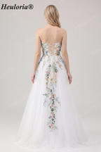 Heuloria Whimsical Colorful Floral Embroidery Strapless Wedding Dress - Romantic Tulle A-Line Bridal Gown with Corset Back ED-650