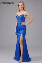 HEULORIA Royal Blue Strapless Mermaid Satin Prom Dress with Lace Appliqué & Thigh Slit ED-655